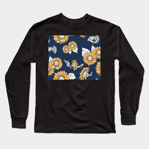 Sunflowers and Honey Bees in Navy Blue Long Sleeve T-Shirt by gillys